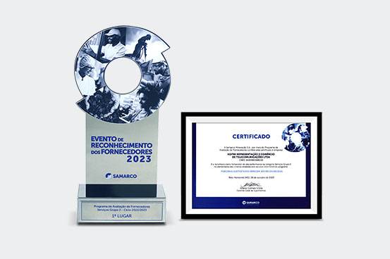 Troféu e certificado de 1º lugar na categoria Serviços grupo 2 do Programa de Avaliação de Fornecedores da Samarco.
